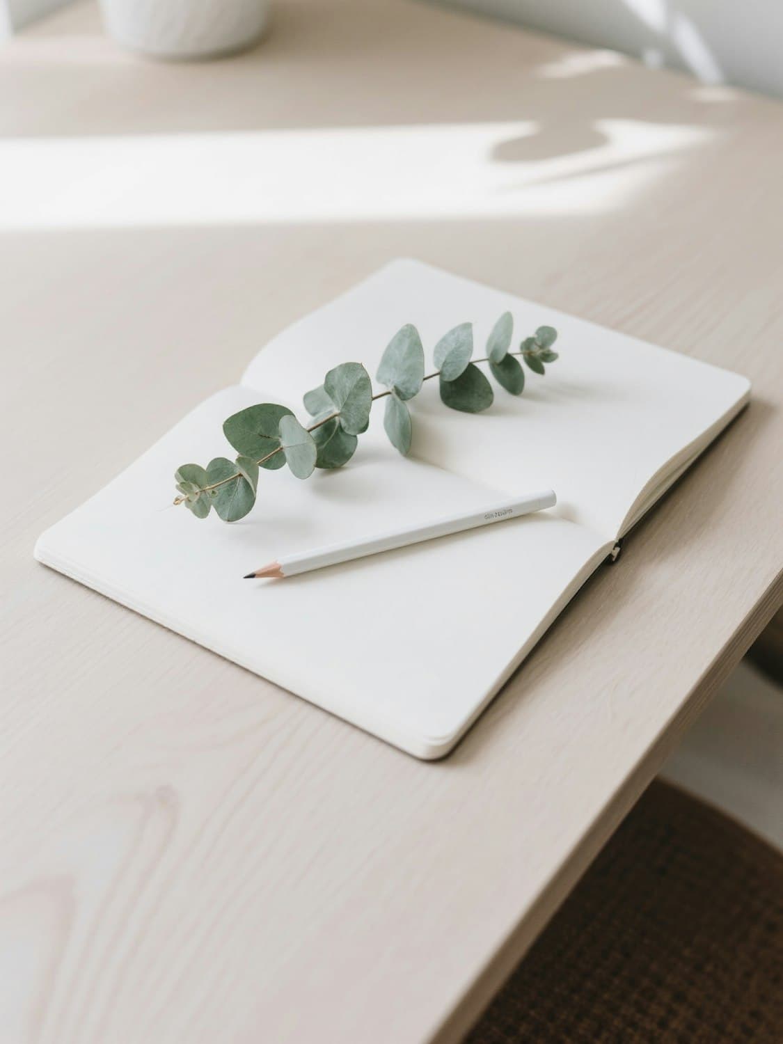 Minimal desk with an open notebook, a pencil and a eucalyptus sprig