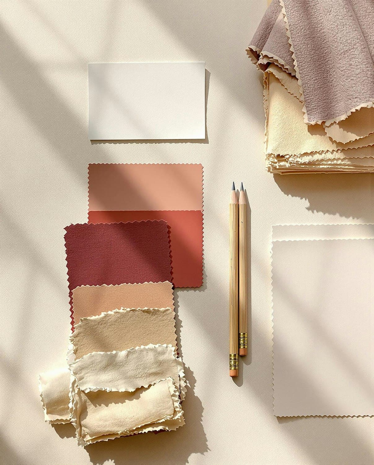 Fabric swatches, pencils and paper laid out for an art direction board