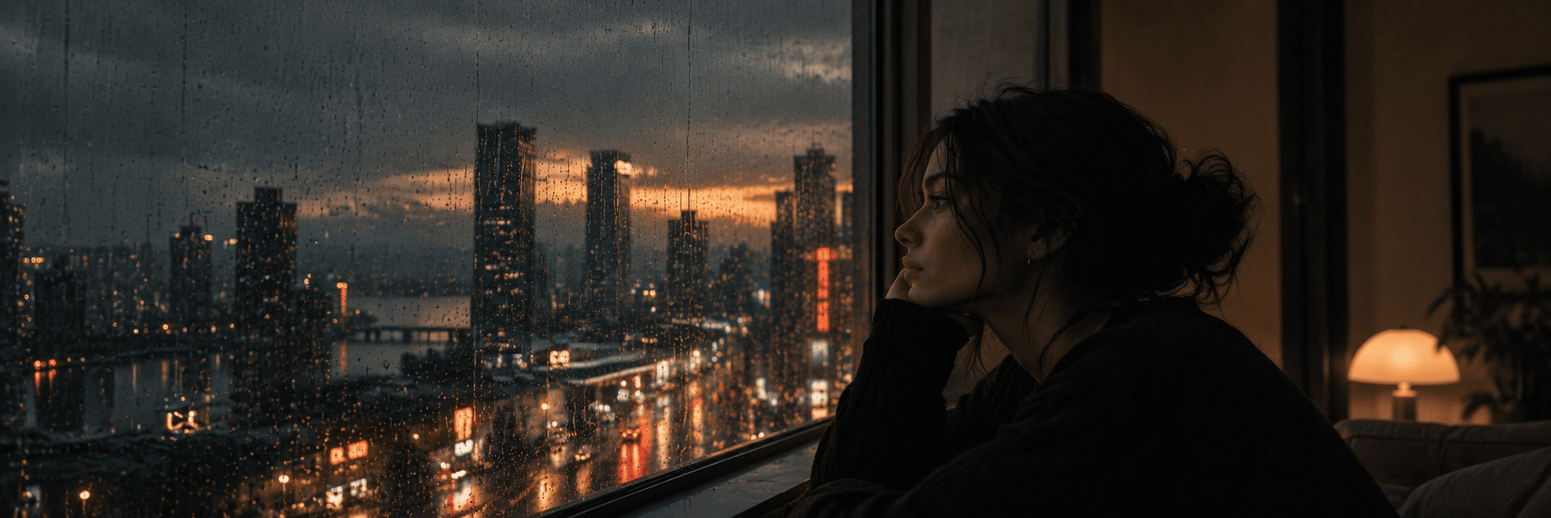 A woman watching a rainy city skyline at dusk through a streaked window, from Rain Over Neon