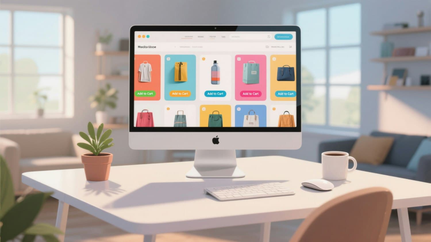 Desktop screen showing a colourful site beside a small potted plant
