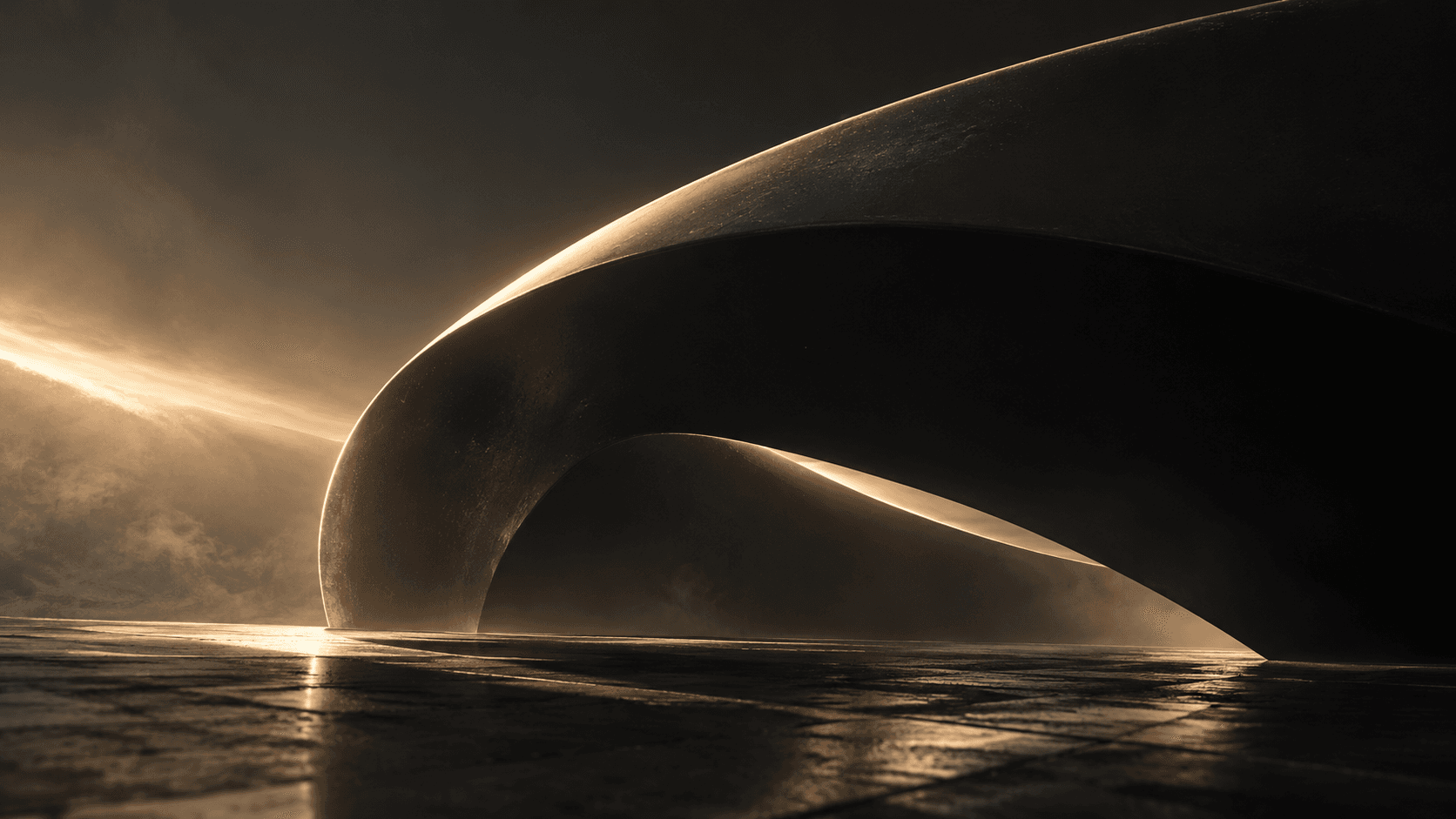 A sweeping dark sculptural curve lit in gold light, a still from the Halden launch film