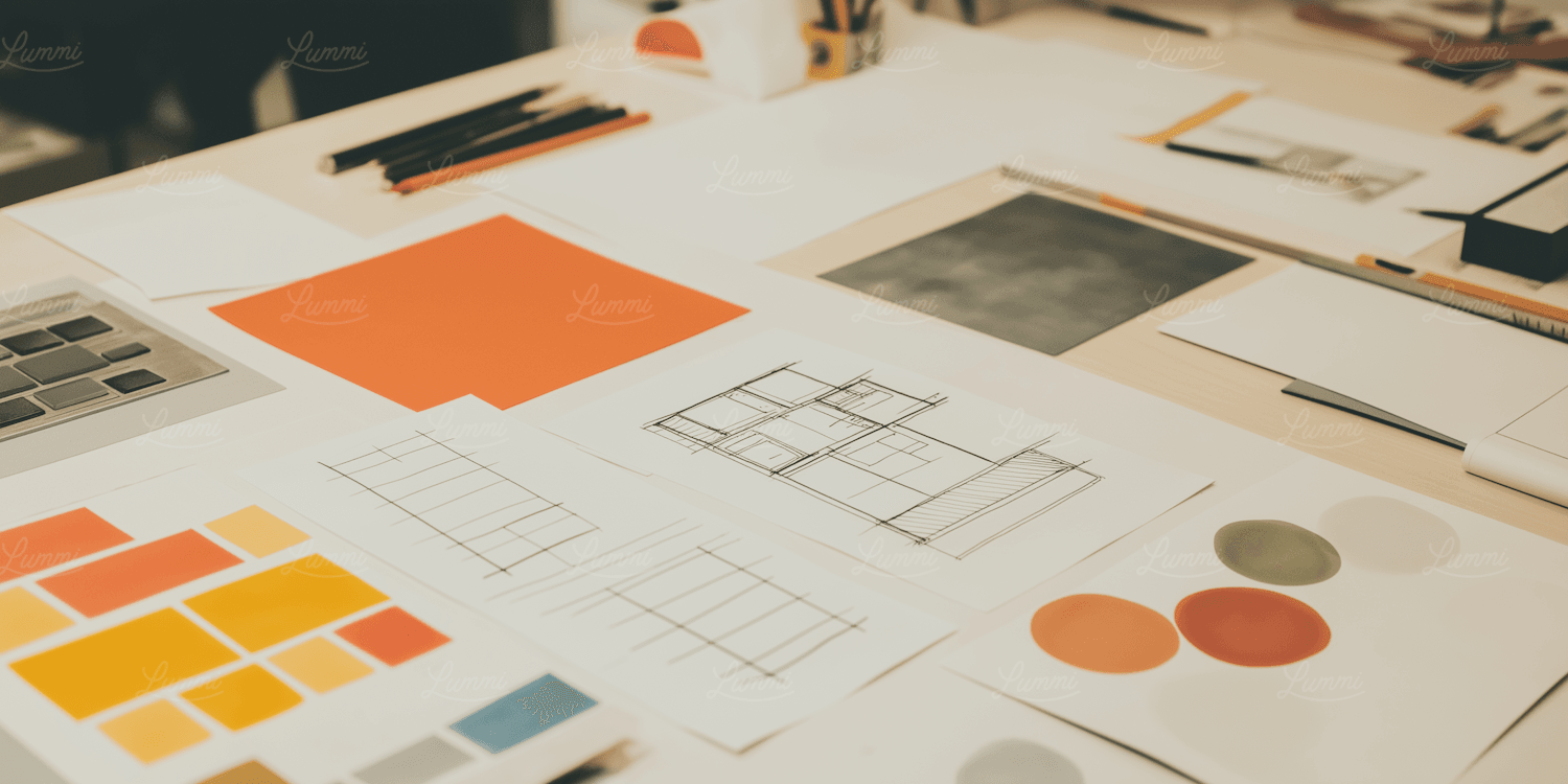 Brand sketches and colour swatches spread across a designer's desk