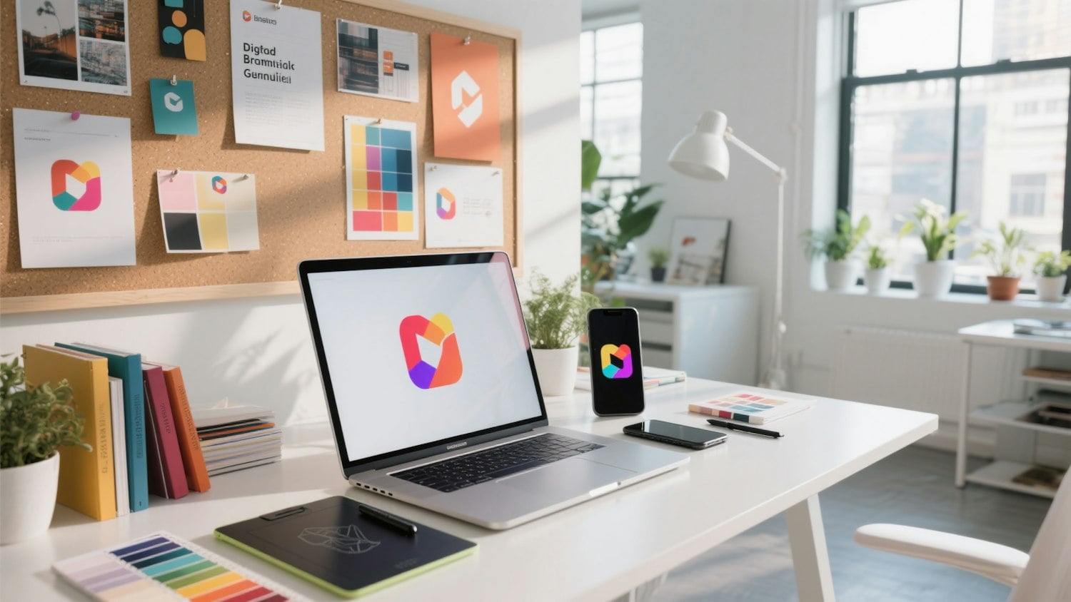The Auren studio: a cork board of brand sketches and colour tests above a white desk with a laptop, phone and drawing tablet, beside a bright window