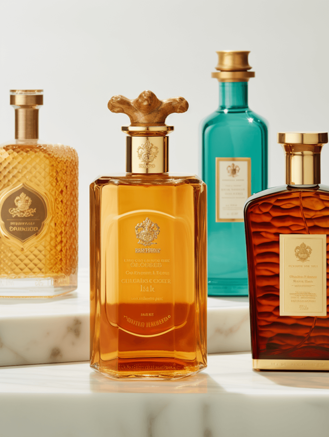 Ornate Maison Tevre fragrance bottles on marble