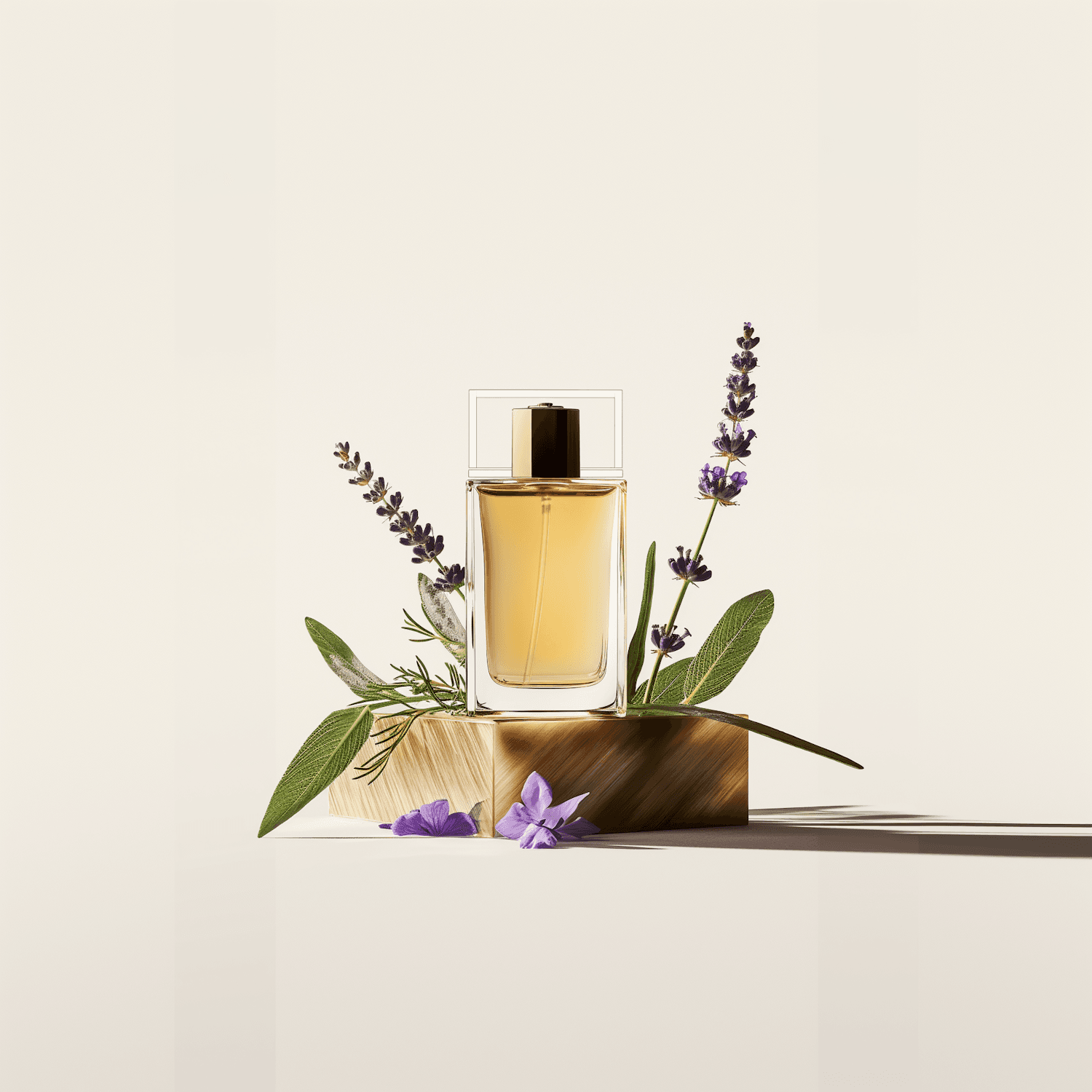 Amber fragrance bottle among lavender and sage on a wooden block